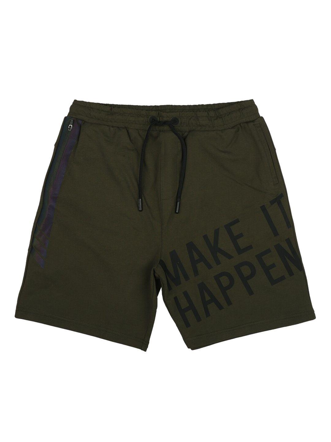 peter england boys olive green typography printed cotton shorts