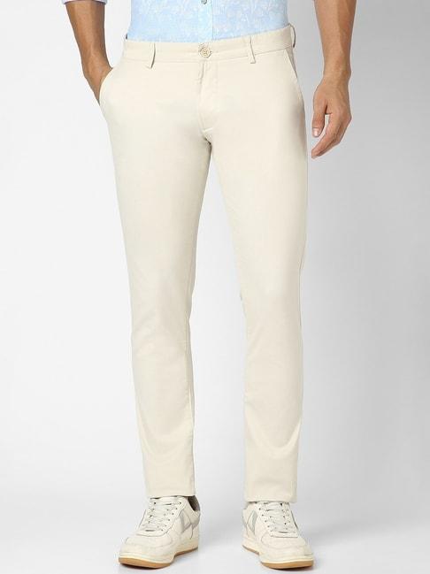 peter england casuals beige cotton skinny fit trousers