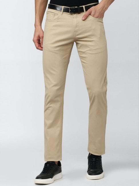 peter england casuals beige cotton slim fit trousers