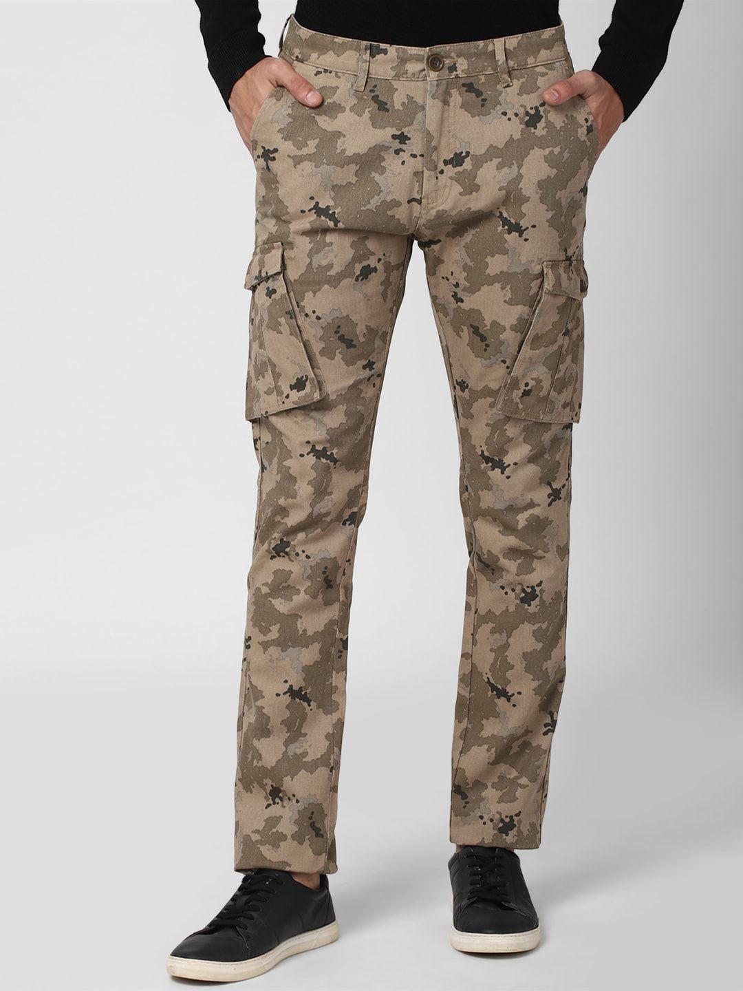 peter england casuals men brown regular fit camouflage printed cargos trousers