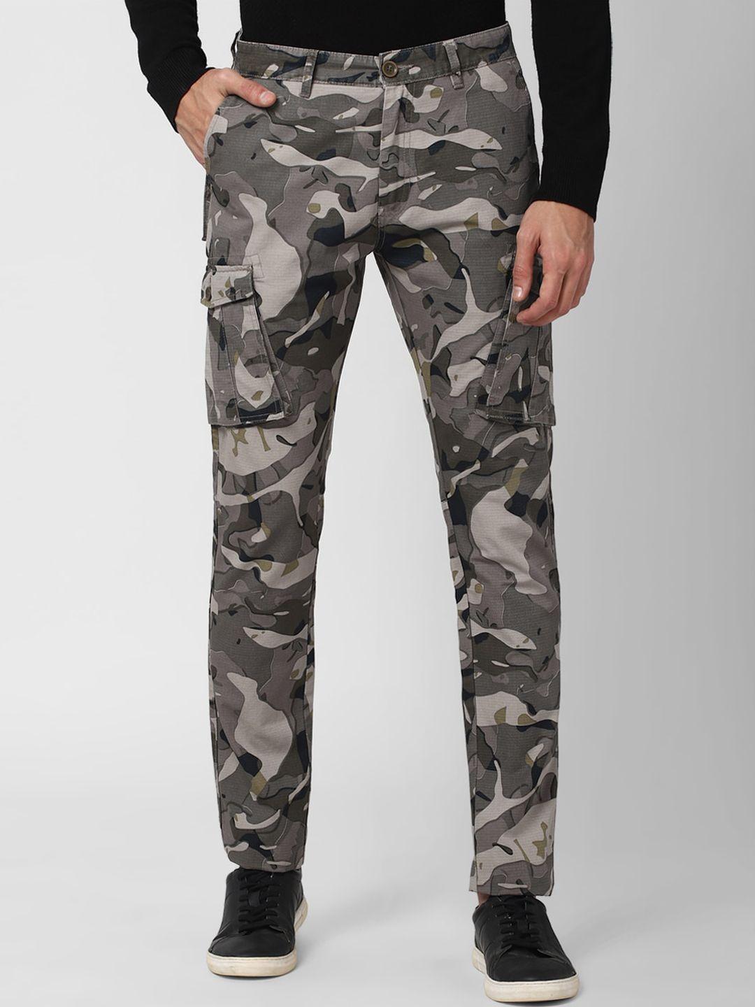 peter england casuals men grey camouflage printed pure cotton cargos