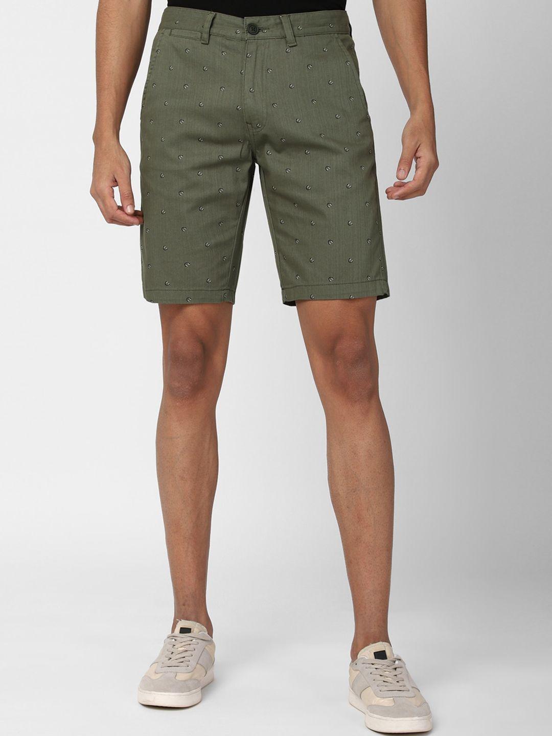 peter england casuals men olive green printed regular fit shorts