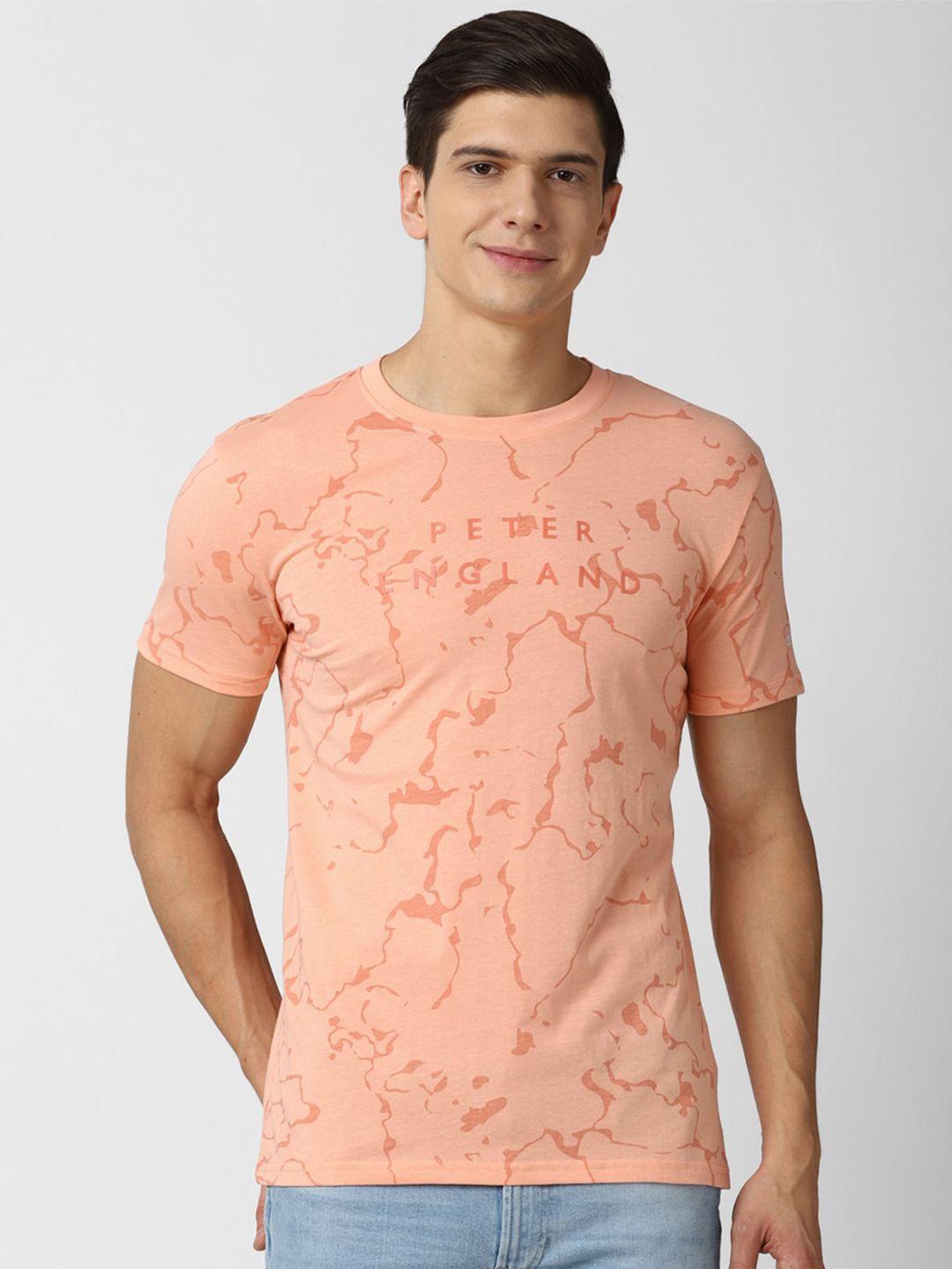peter england casuals men peach-coloured printed slim fit t-shirt