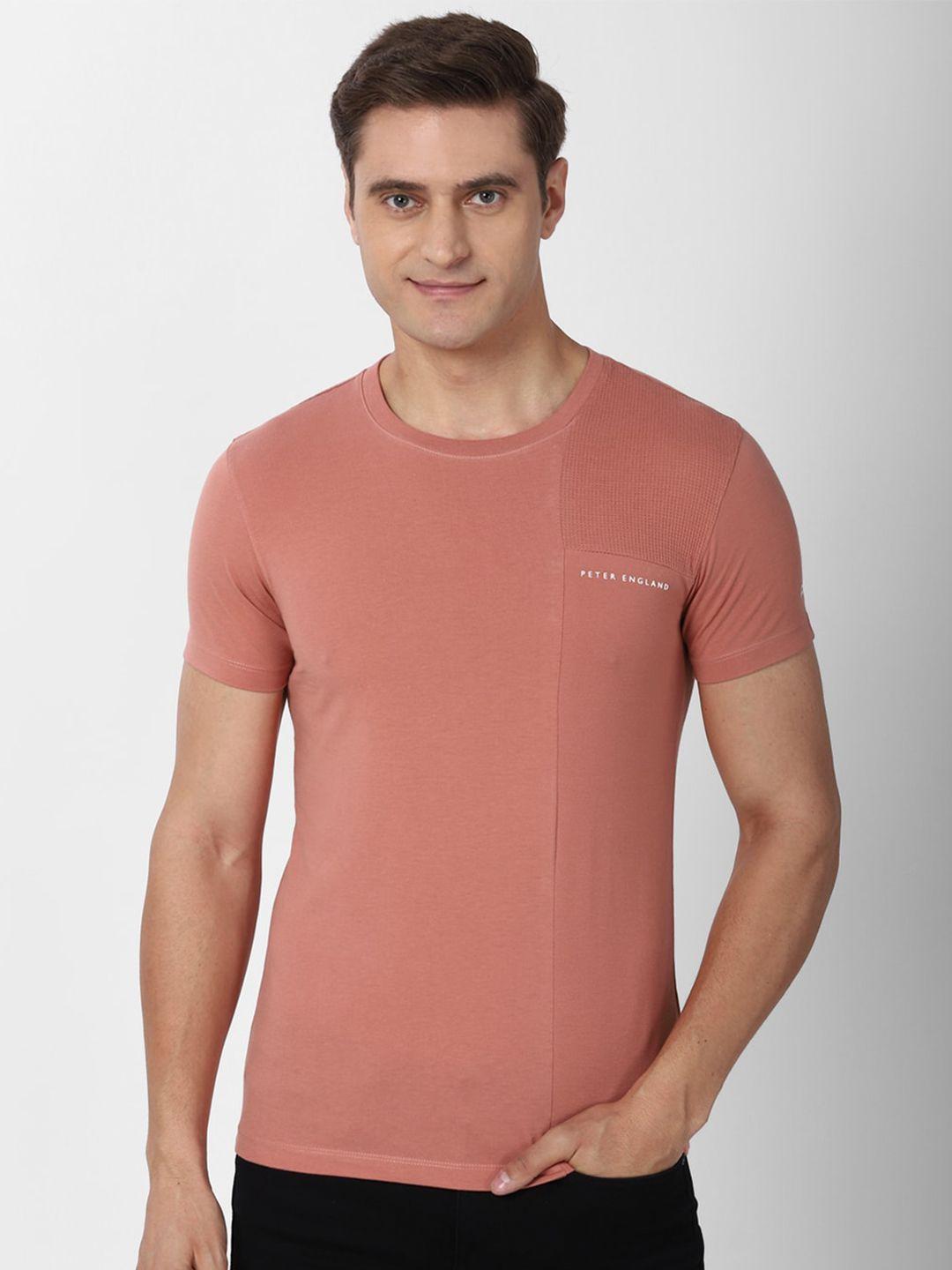 peter england casuals men peach-coloured slim fit t-shirt