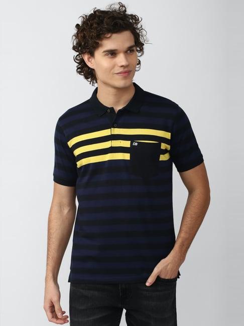 peter england casuals navy regular fit striped t-shirt