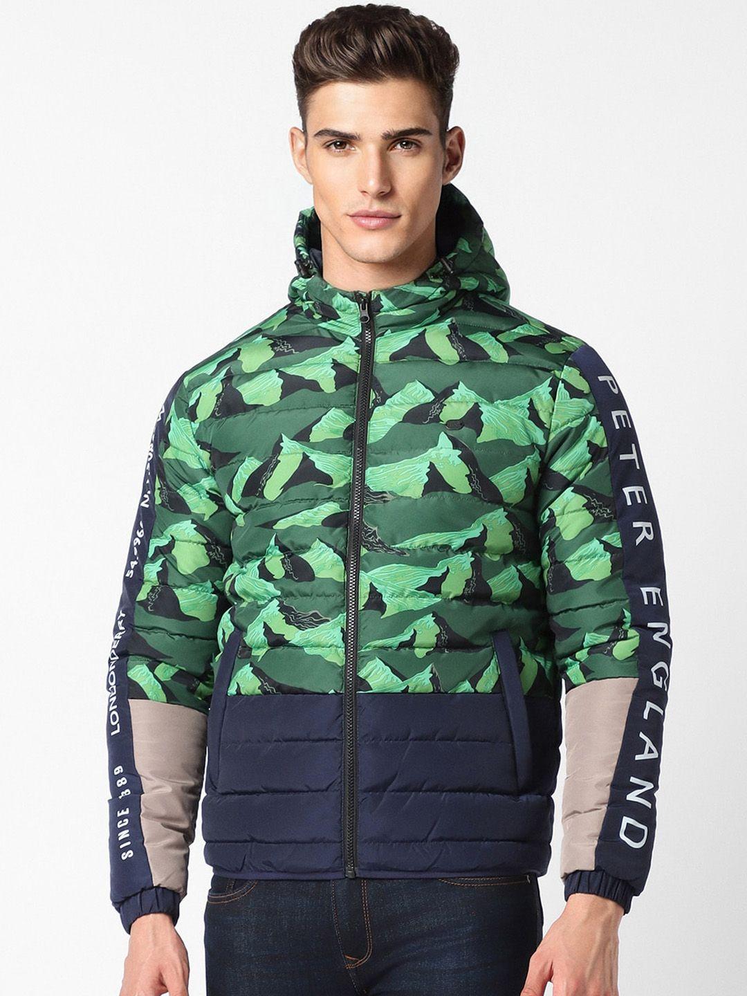 peter england casuals printed hooded puffer jacket