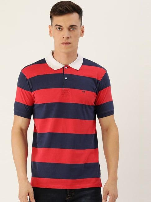 peter england casuals red & navy cotton regular fit striped polo t-shirt