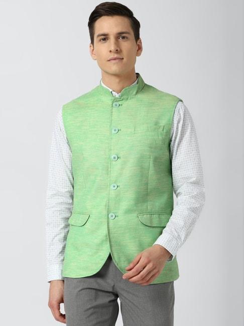 peter england elite green regular fit self pattern nehru jacket