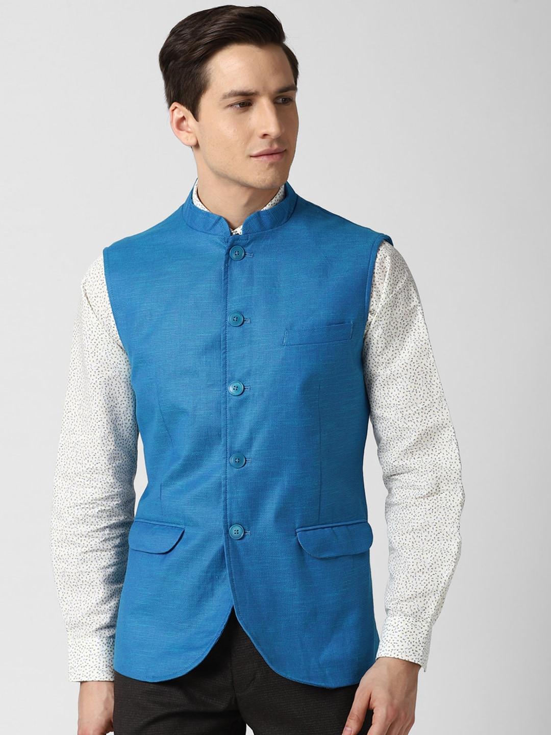 peter england elite men blue solid woven nehru jacket