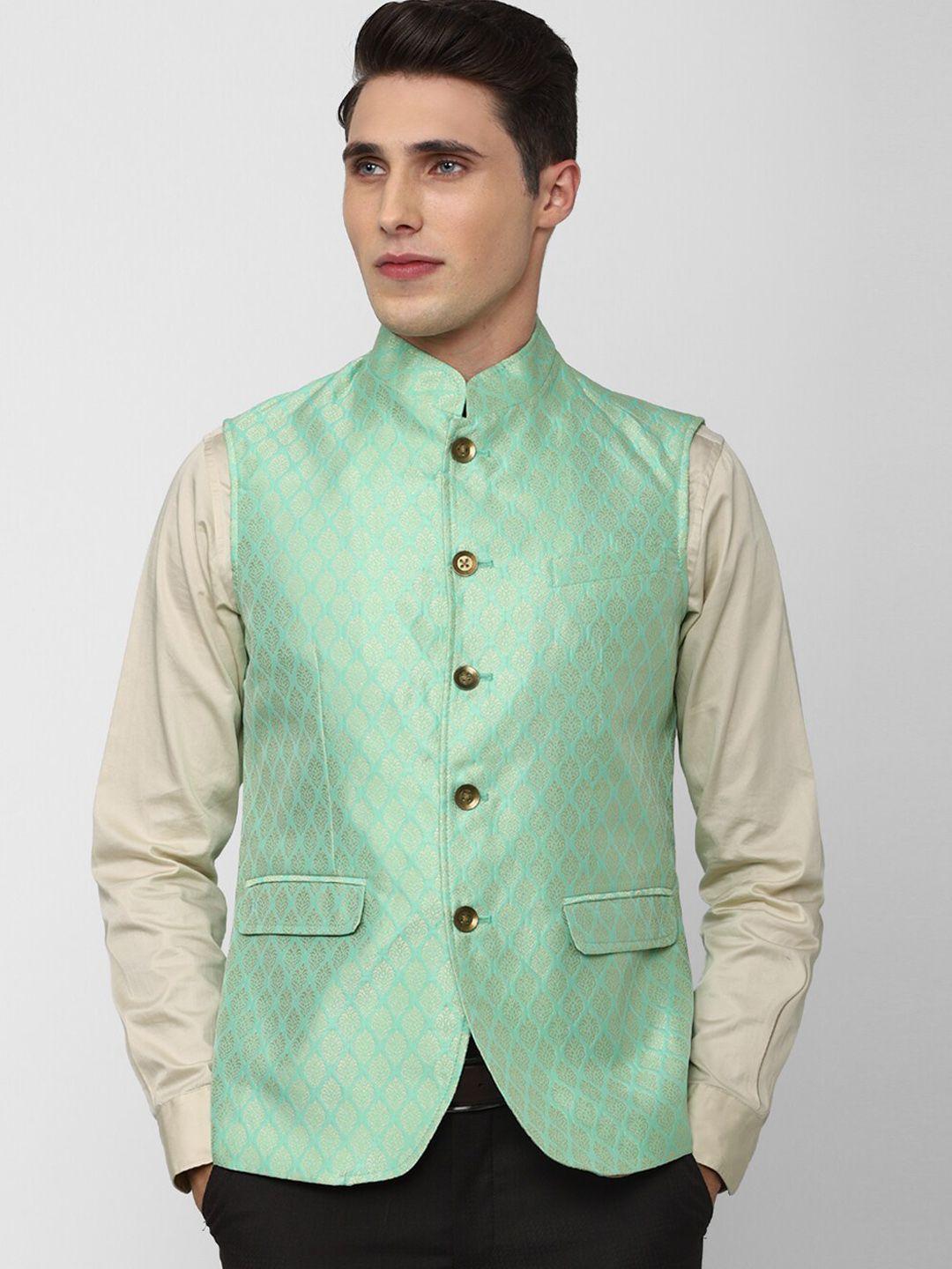 peter england elite men green woven design nehru jacket