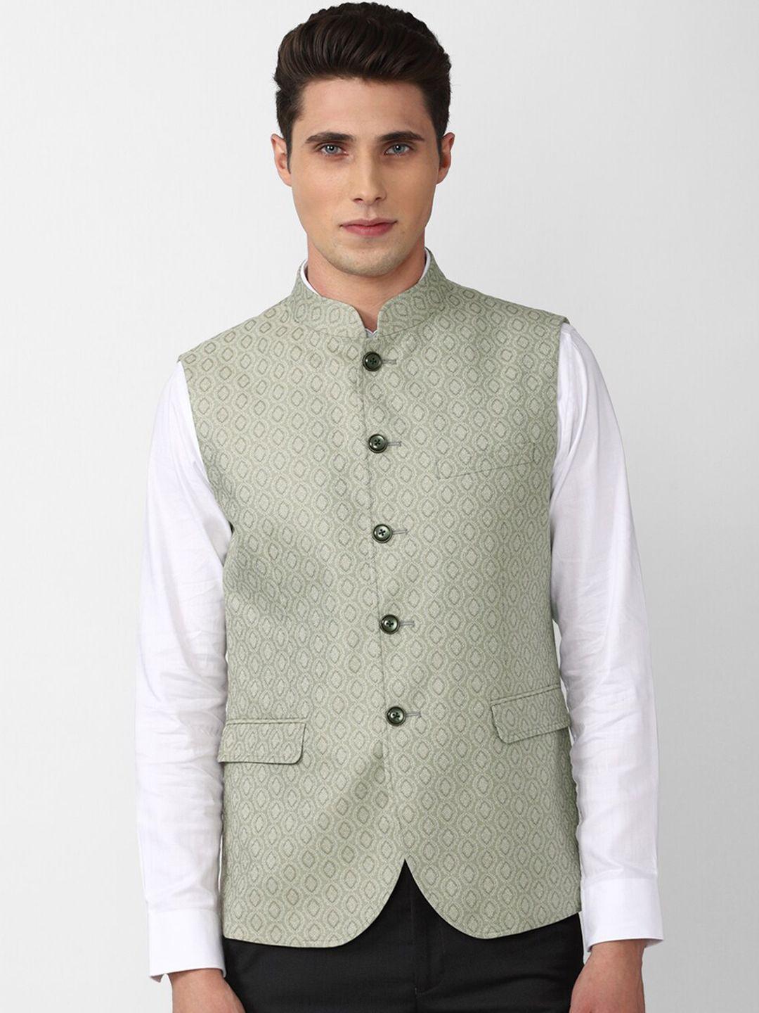 peter england elite men grey woven design nehru jacket