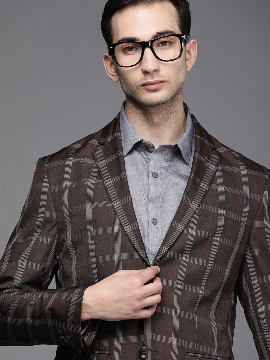 peter england elite men maroon & grey checked slim fit single-breasted formal blazer