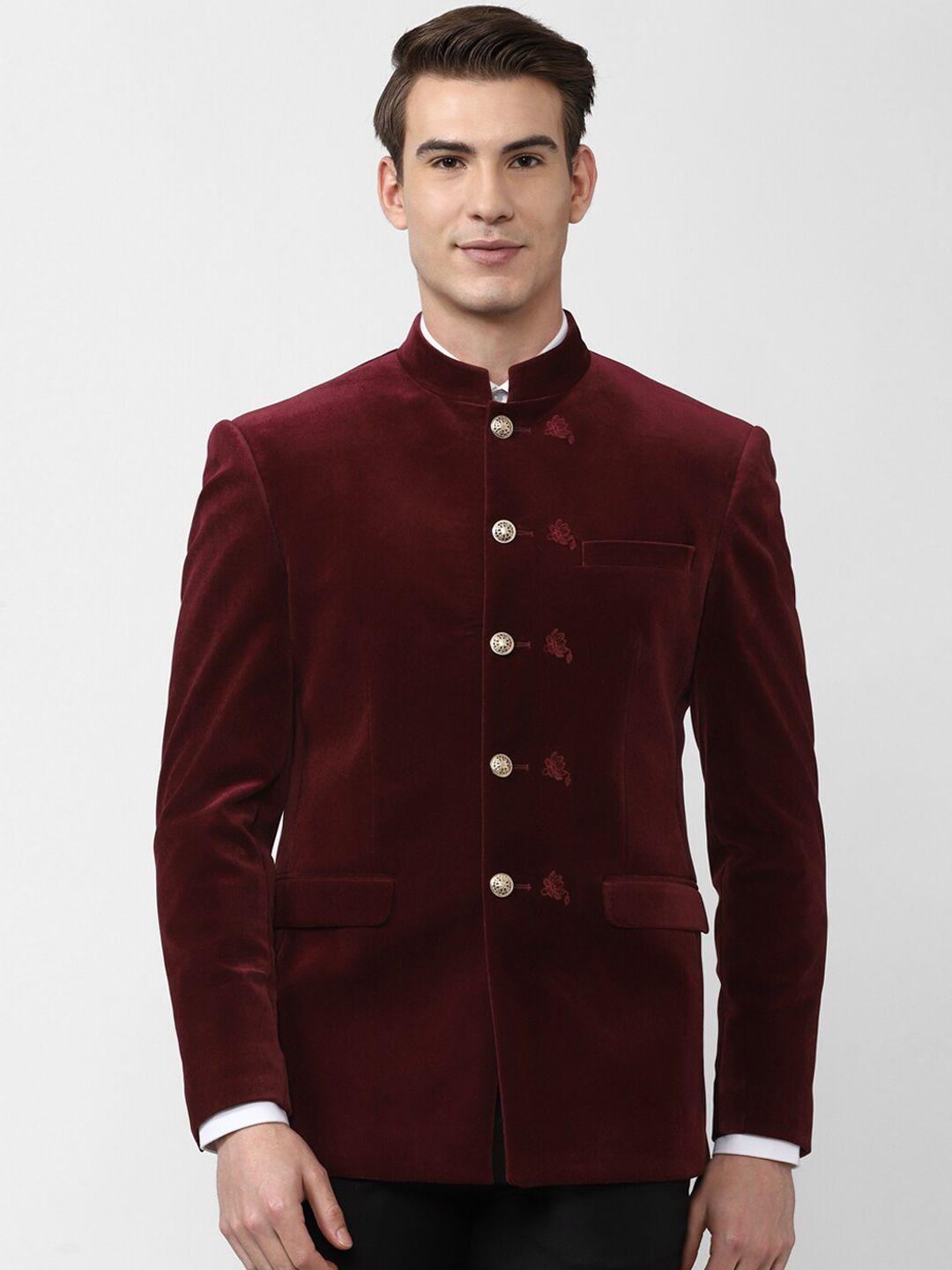 peter england elite men maroon solid slim-fit single-breasted blazer