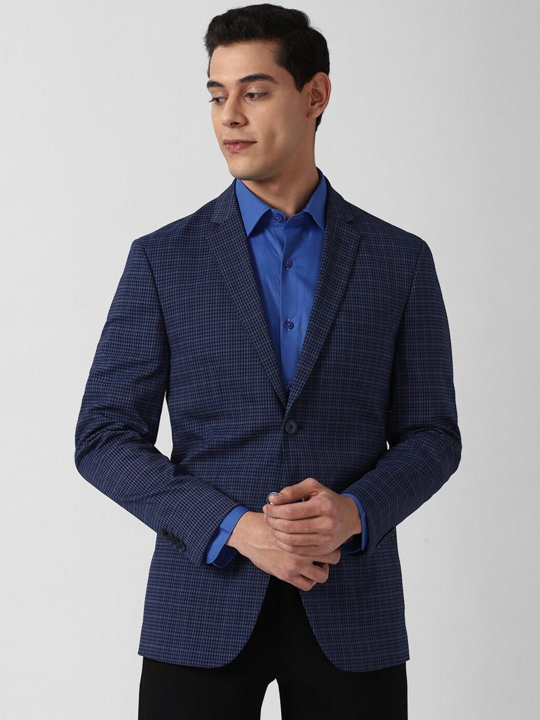 peter england elite men navy blue checked slim-fit single breasted casual blazer