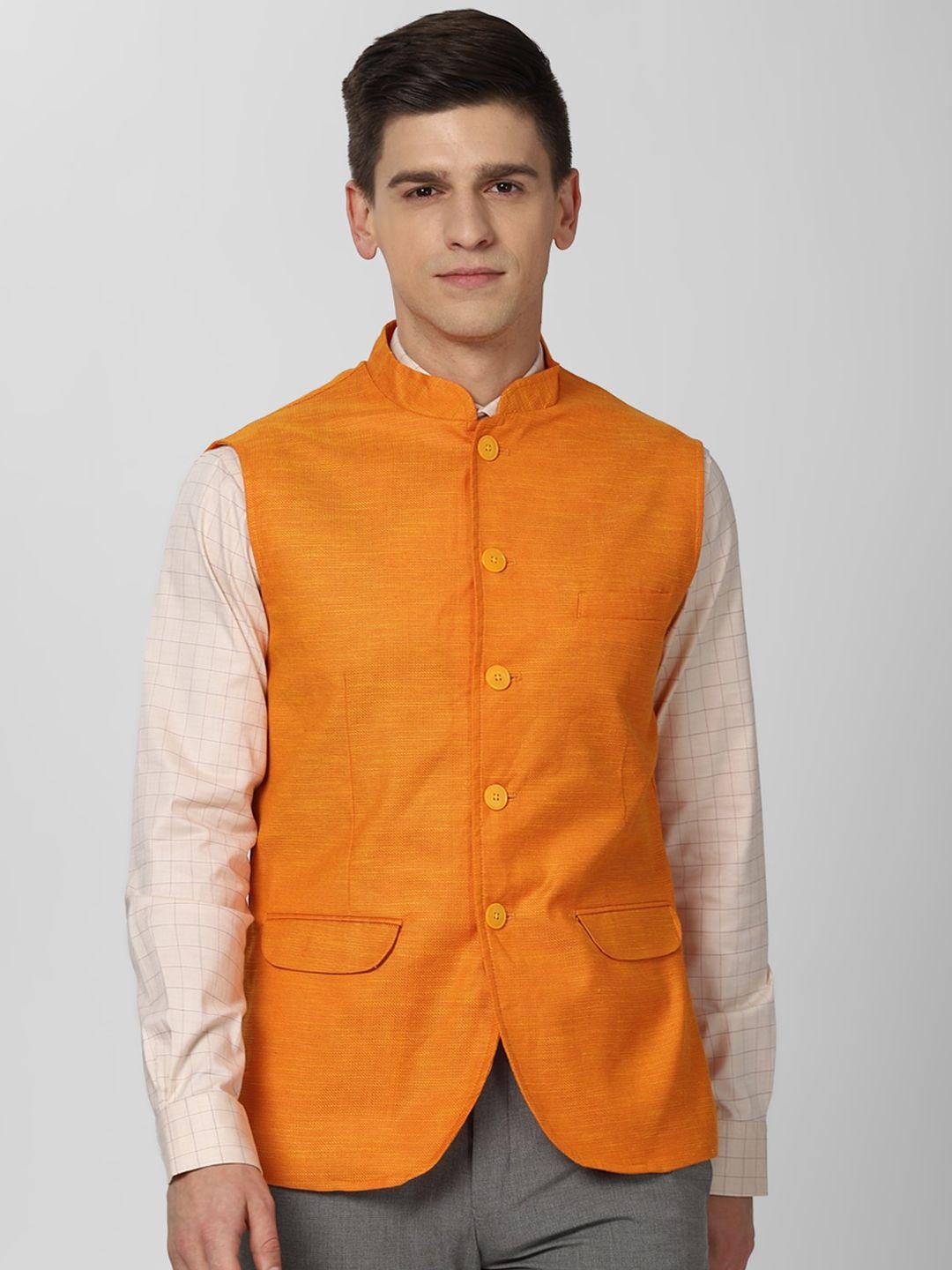 peter england elite men orange solid nehru jacket