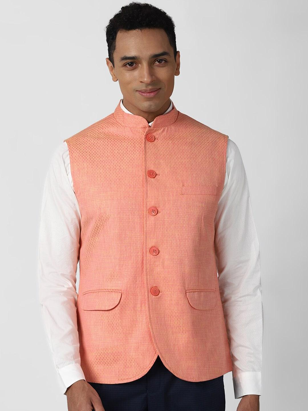 peter england elite men peach textured woven nehru jacket