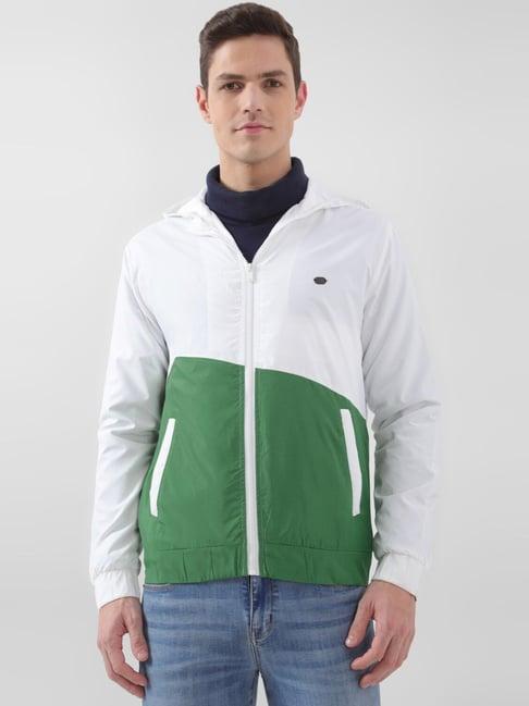 peter england green & white cotton regular fit colour block hooded jacket