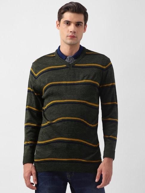 peter england green regular fit striped sweater