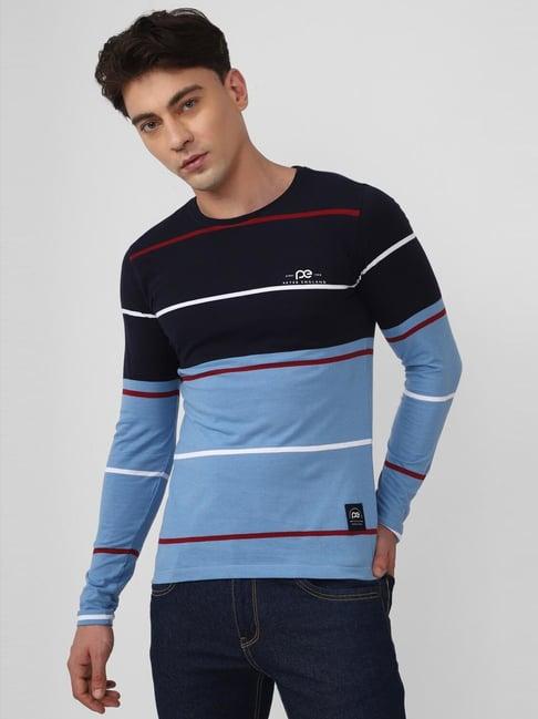 peter england jeans blue slim fit striped t-shirt
