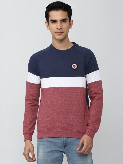 peter england jeans pink & blue slim fit colour block sweatshirt