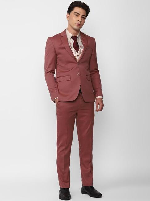 peter england maroon slim fit notch lapel three piece suit