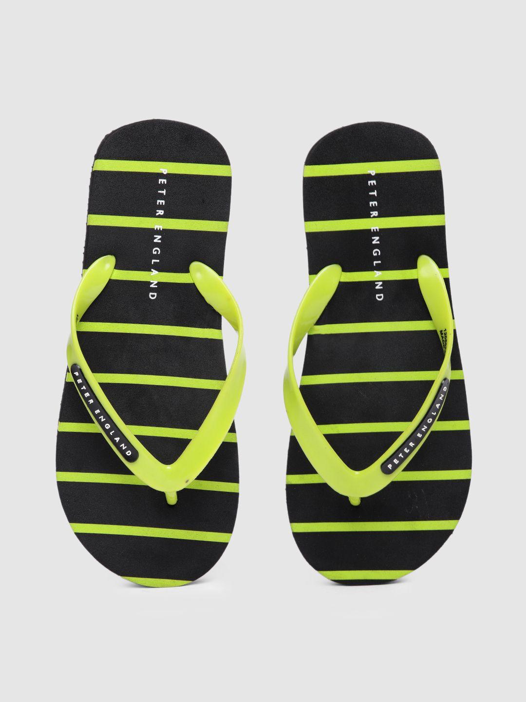 peter england men black & lime green striped rubber thong flip-flops with brand logo print