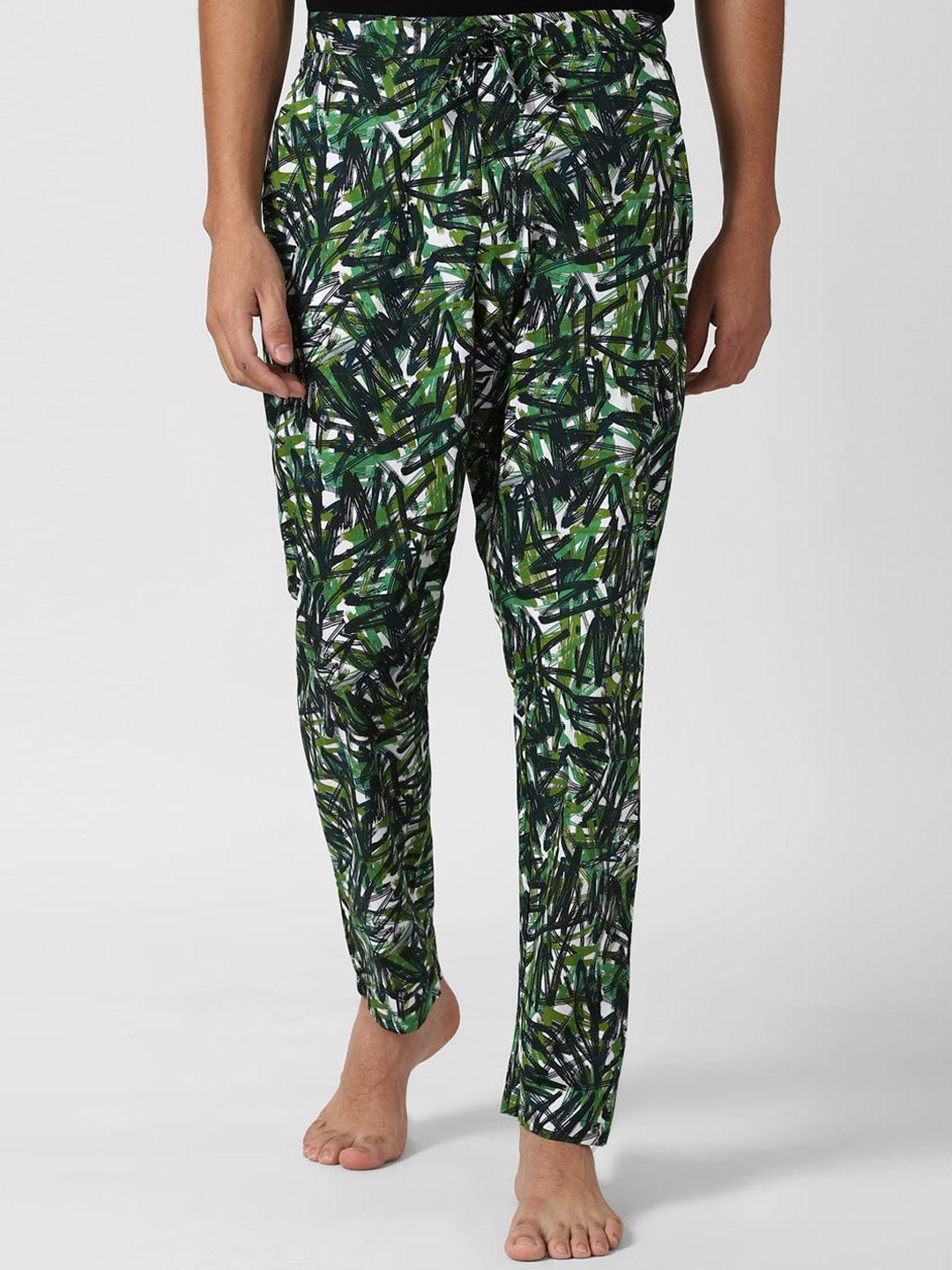peter england men green & white printed pure cotton loose-fit lounge pants