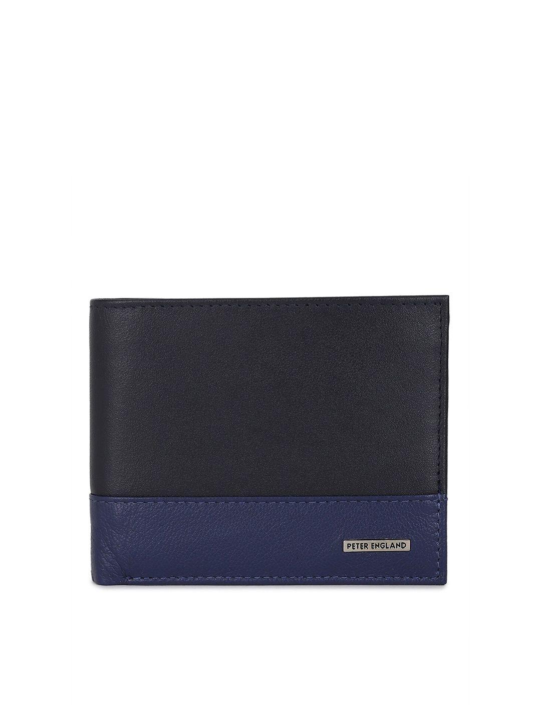peter england men navy blue & black colourblocked textured leather two fold wallet