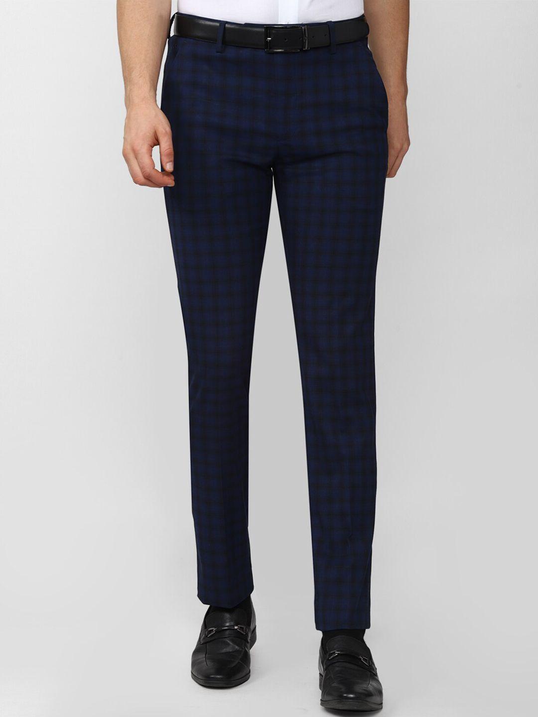 peter england men navy blue checked slim fit trousers