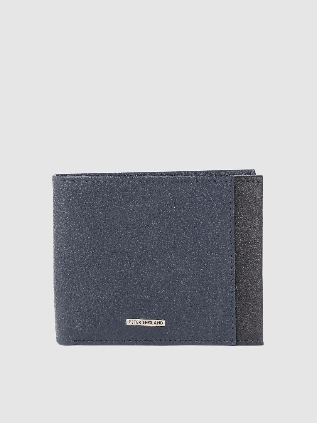 peter england men navy blue leather two fold wallet