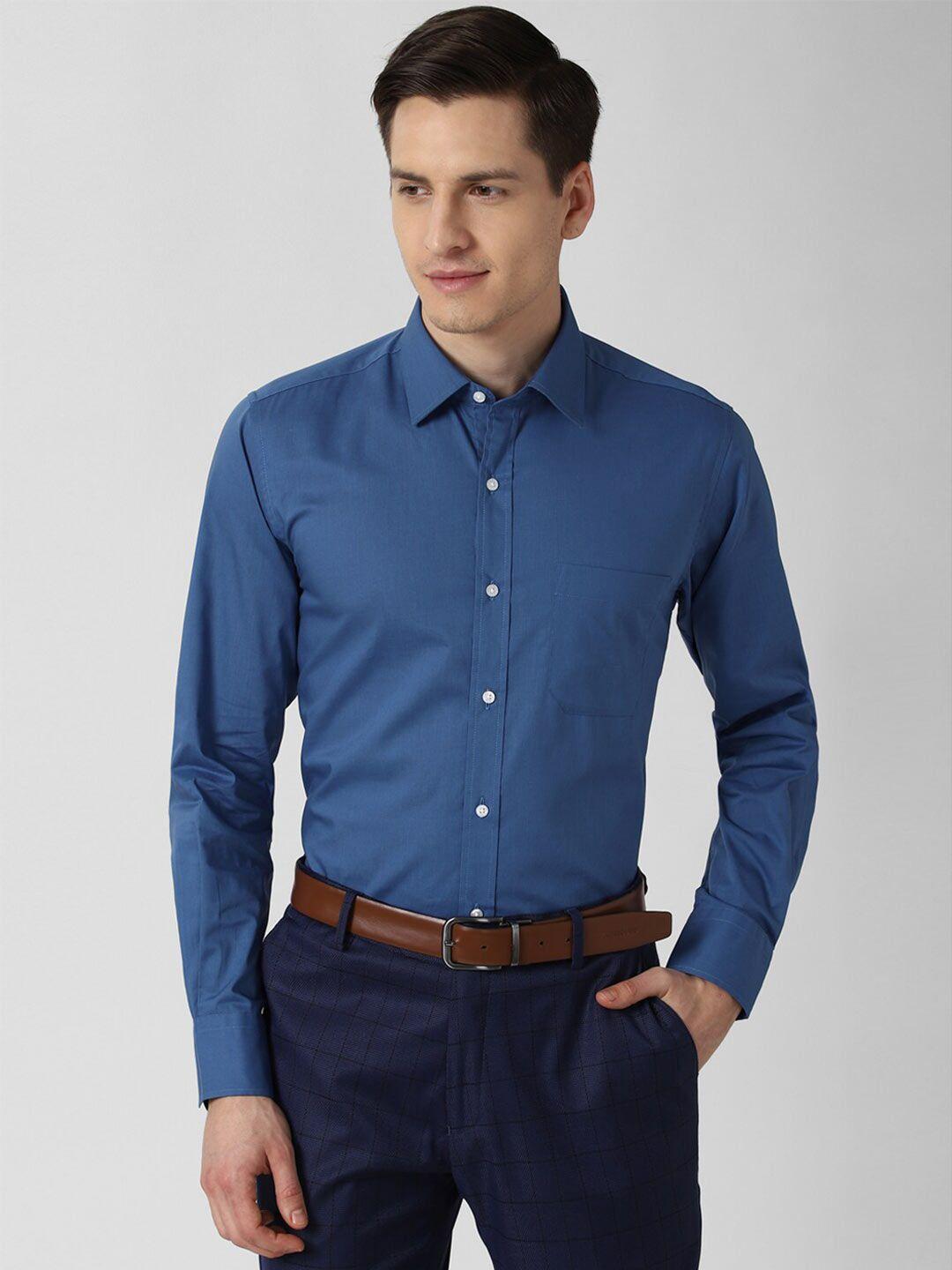 peter england men navy blue solid cotton slim fit formal shirt