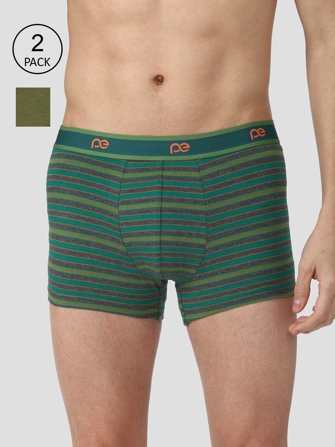 peter england men olive solid & striped pack of 2 cotton trunk