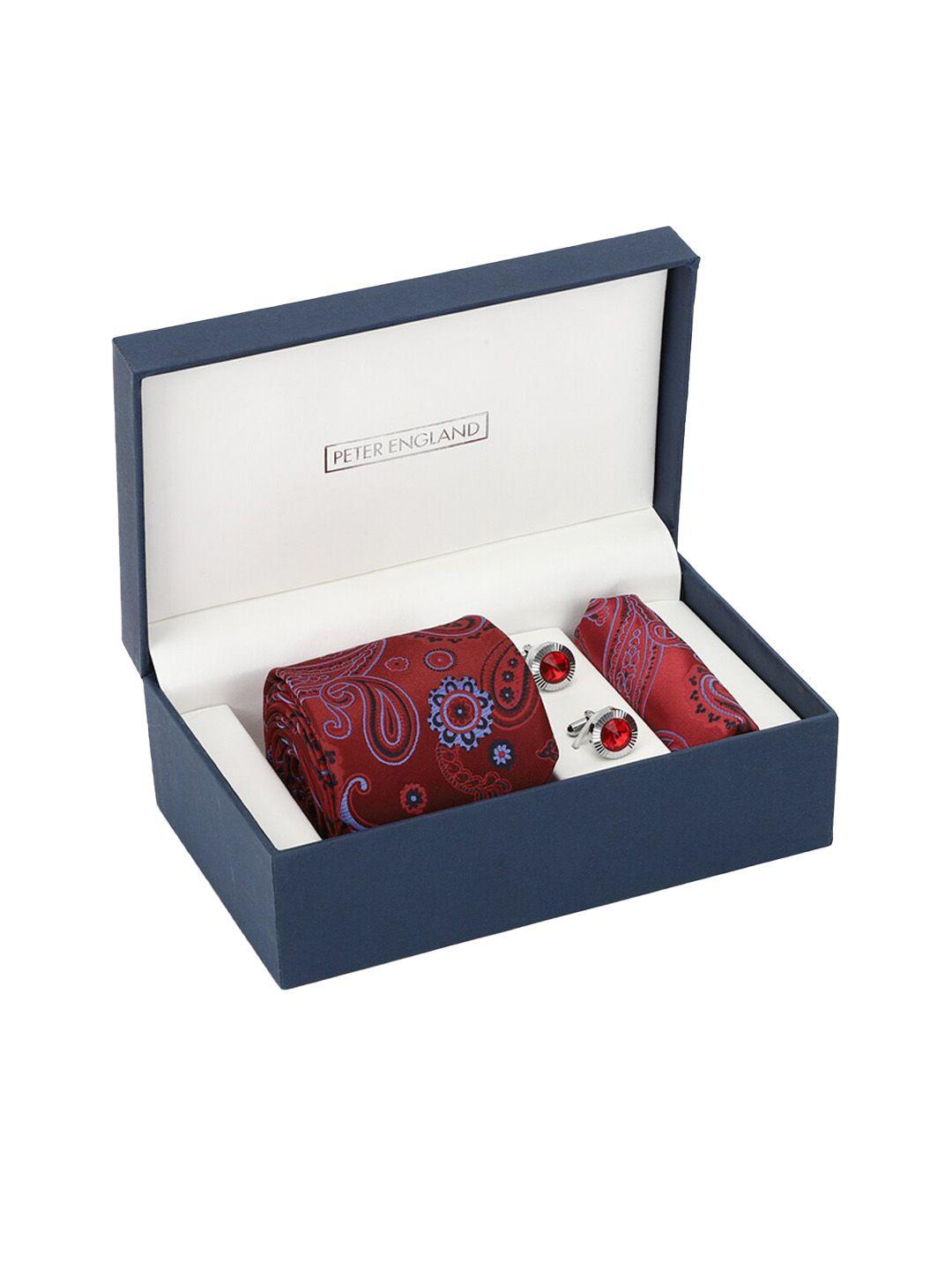 peter england men silver-toned & maroon printed accessory gift set