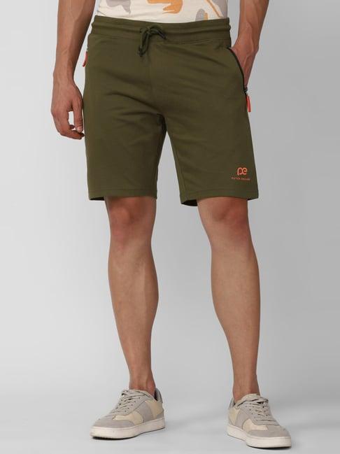 peter england olive cotton regular fit printed shorts