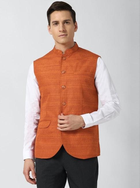 peter england orange  regular fit self pattern nehru jacket