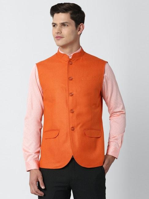peter england orange regular fit self pattern nehru jacket