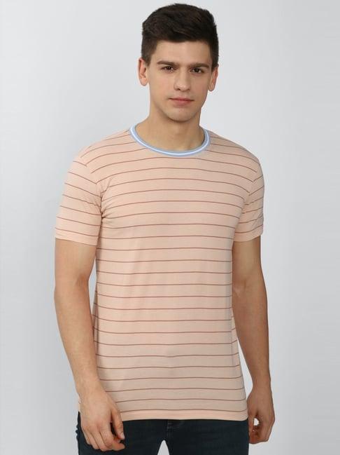 peter england peach slim fit striped t-shirt