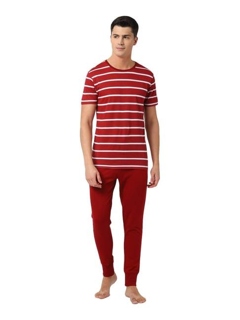 peter england red & white regular fit striped sports set