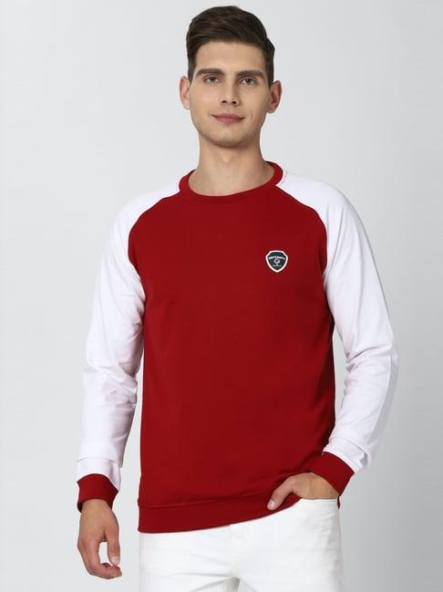 peter england red & white slim fit colour block sweatshirt