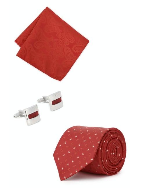 peter england red printed tie, pocket square & cufflink - set of 3