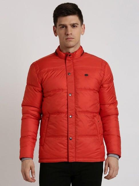 peter england red regular fit quilted hooded jacket