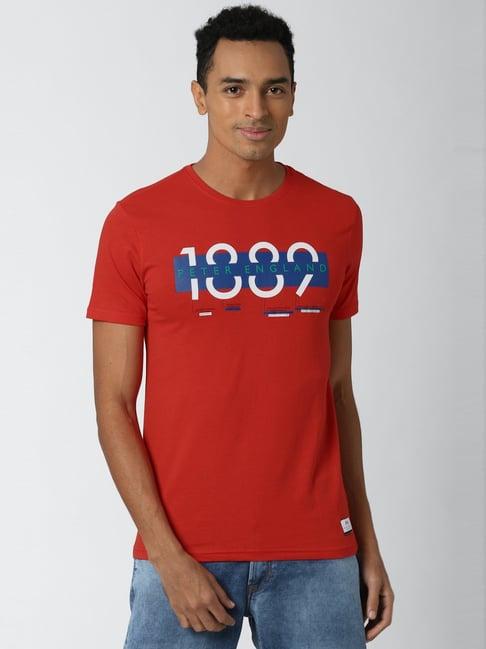 peter england red slim fit printed t-shirt