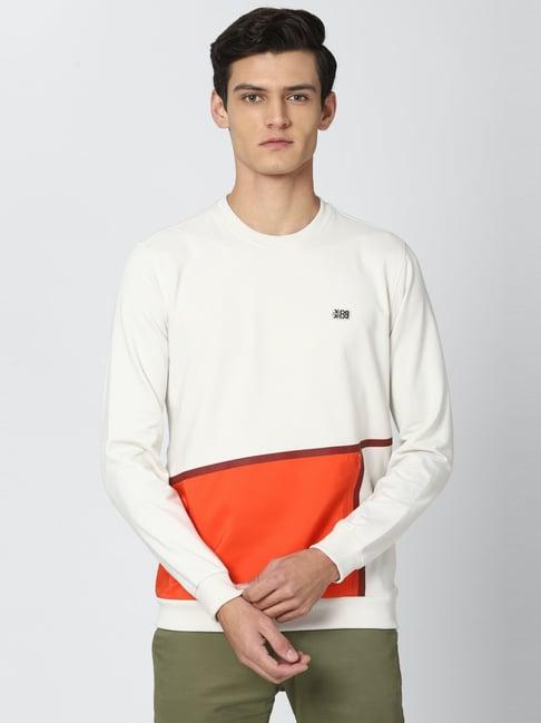 peter england white & orange slim fit colour block sweatshirt
