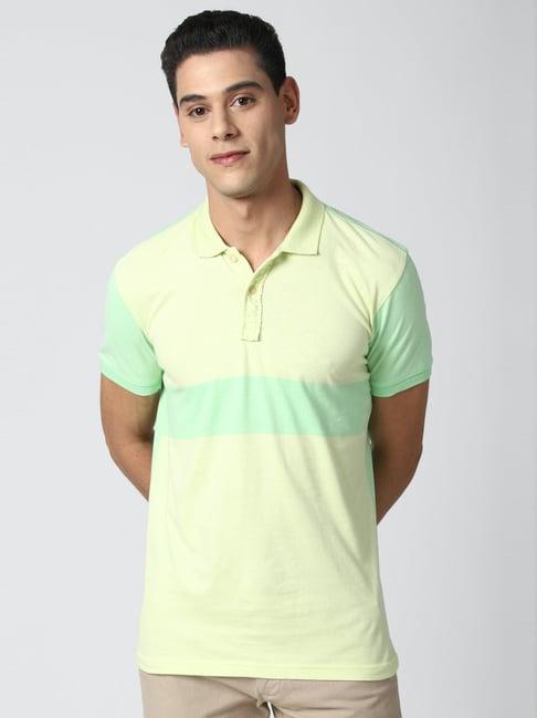 peter england yellow & green cotton slim fit colour block polo t-shirt