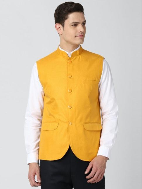 peter england yellow regular fit self pattern nehru jackets