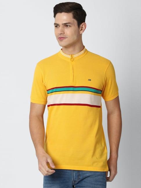 peter england yellow slim fit striped polo t-shirt