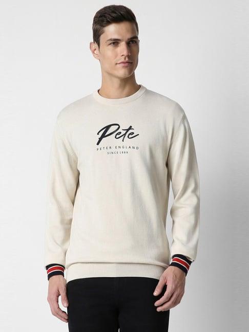 peter england beige cotton regular fit printed sweater