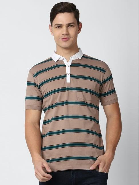 peter england beige cotton slim fit striped polo t -shirt