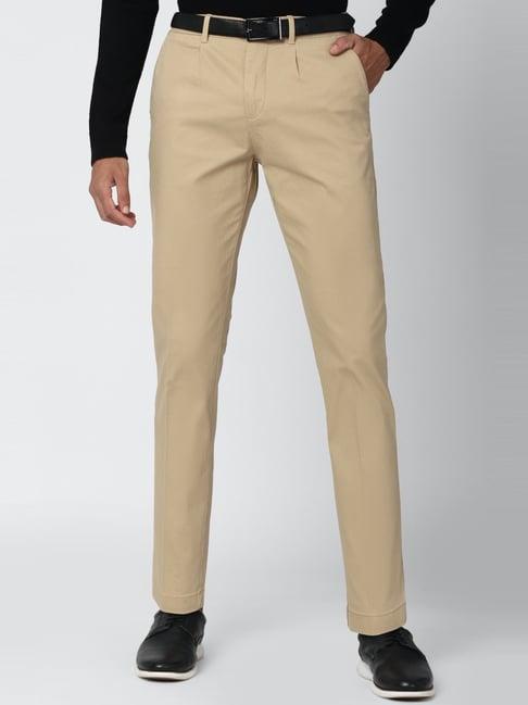 peter england beige cotton slim fit trousers