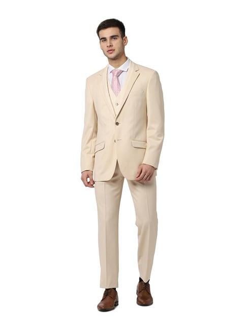 peter england beige notch lapel 3-piece suit
